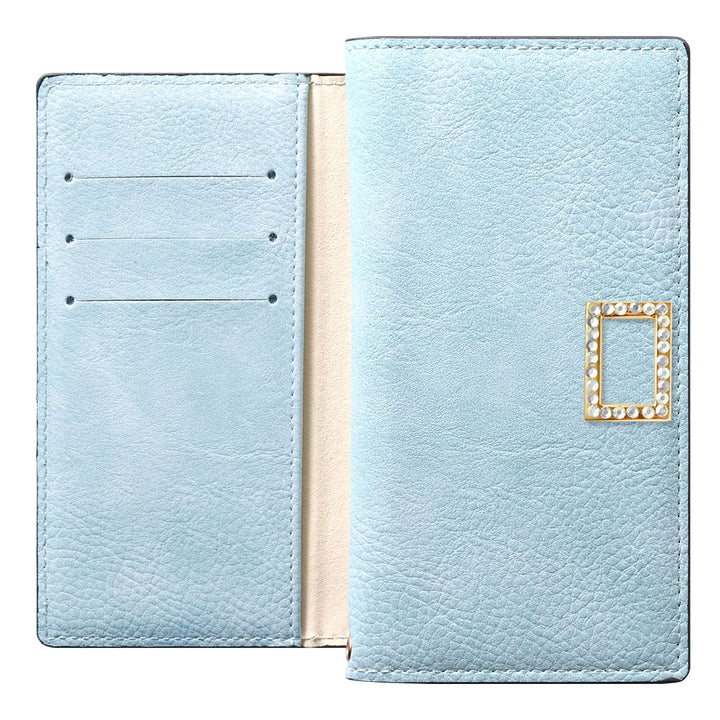 Étui portefeuille en cuir végan couleur fumée avec fonction support et décoration carrée en pierre