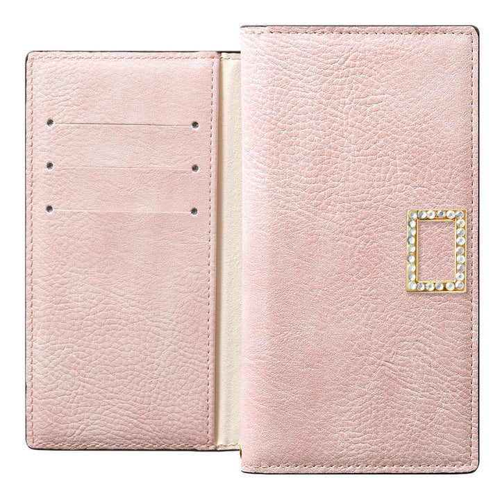 Étui portefeuille en cuir végan couleur fumée avec fonction support et décoration carrée en pierre