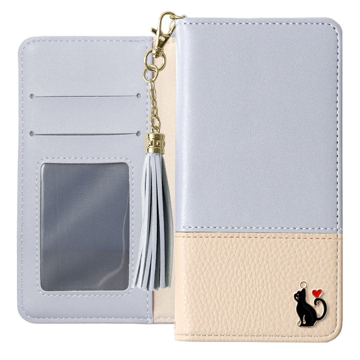 Étui portefeuille avec décoration chat en forme de cœur et pompon en cuir végan pour la série Xperia