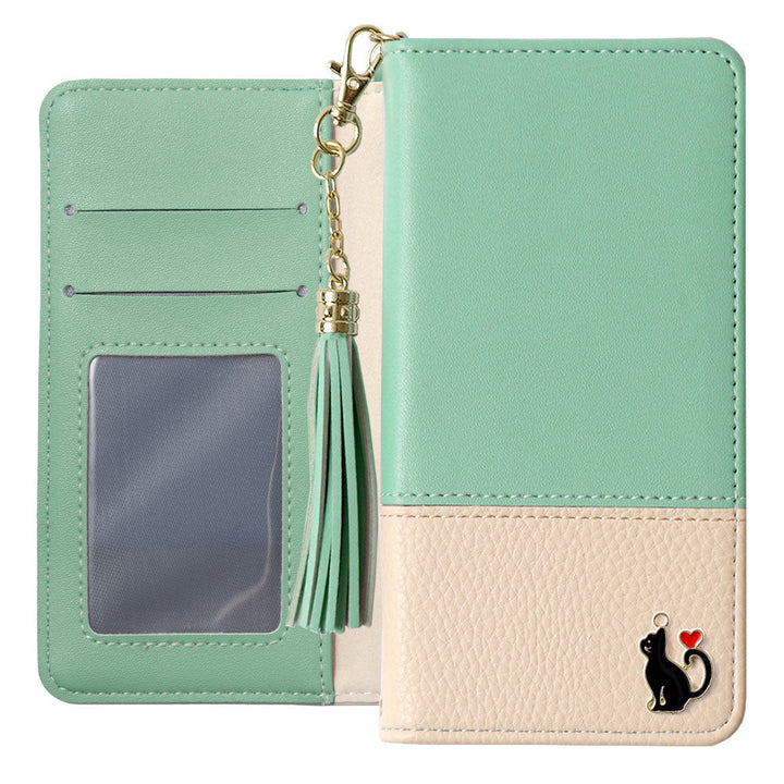 Étui portefeuille avec décoration chat en forme de cœur et pompon en cuir végan pour la série Xperia