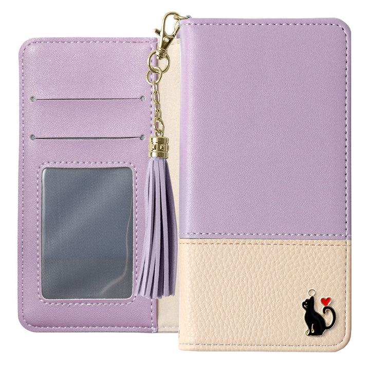 Étui portefeuille avec décoration chat en forme de cœur et pompon en cuir végan pour la série Xperia