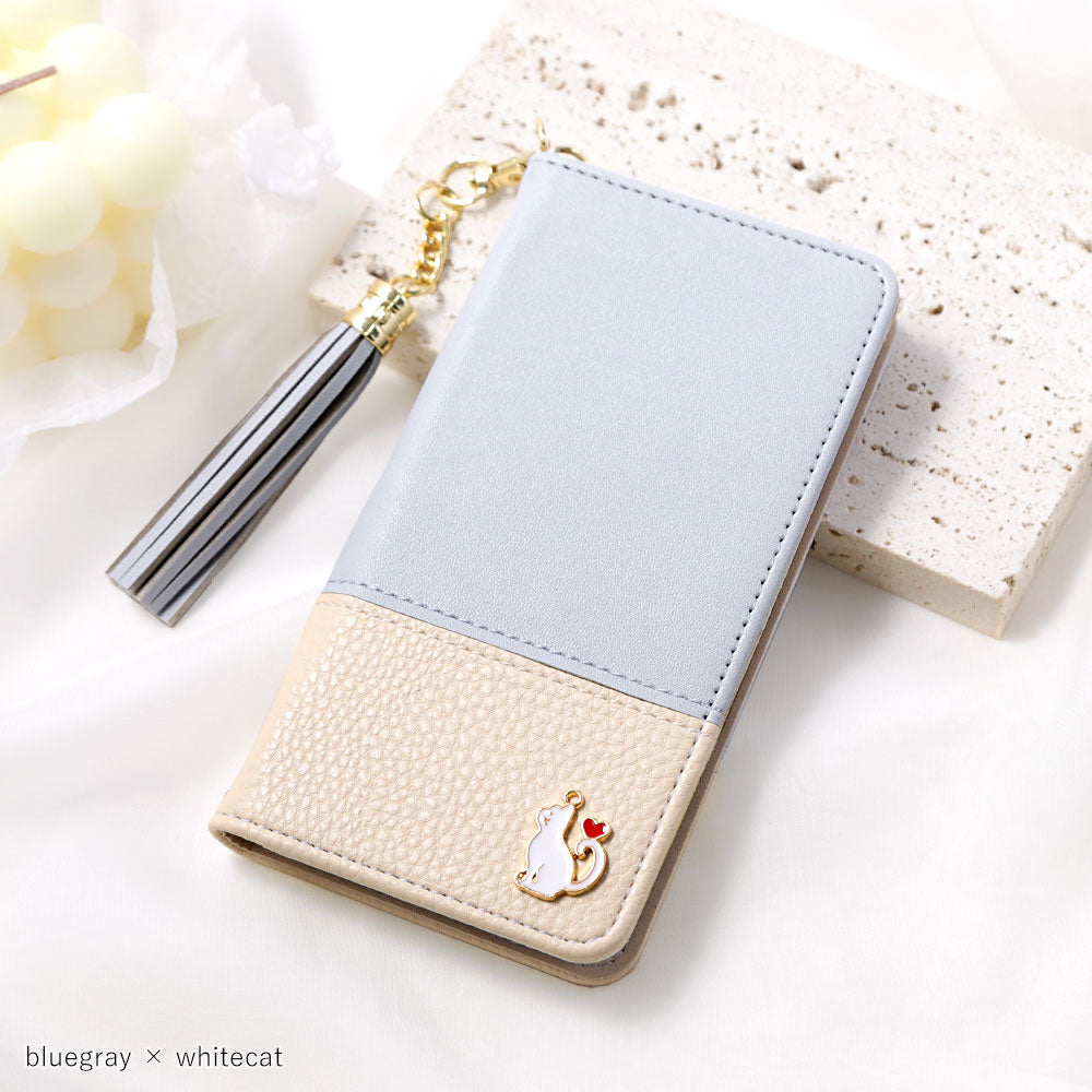 Étui portefeuille avec décoration chat en forme de cœur et pompon en cuir végan pour la série Xperia