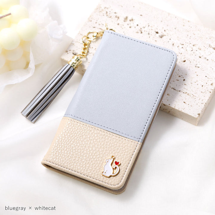 Étui portefeuille avec décoration chat en forme de cœur et pompon en cuir végan pour la série Xperia