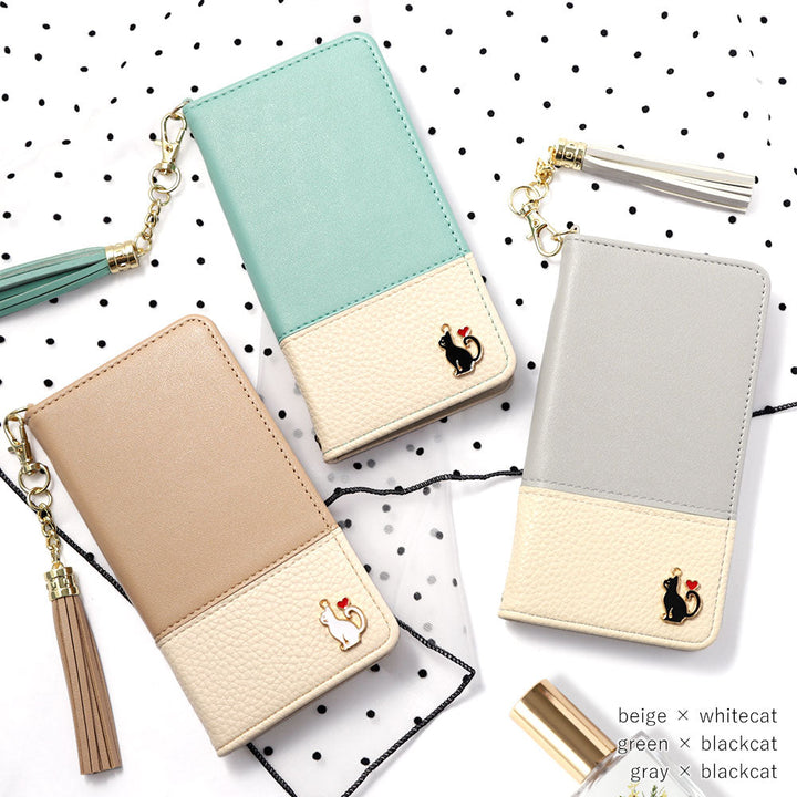 Étui portefeuille avec décoration chat en forme de cœur et pompon en cuir végan pour la série Xperia