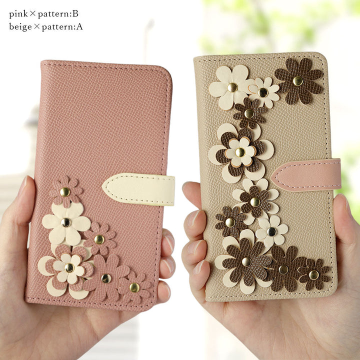Vegan leather belt bicolor flower motif stand function notebook-style case (with belt) AQUOS series
