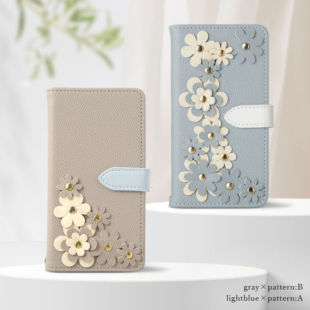 Vegan leather belt bicolor flower motif stand function notebook-style case (with belt) AQUOS series