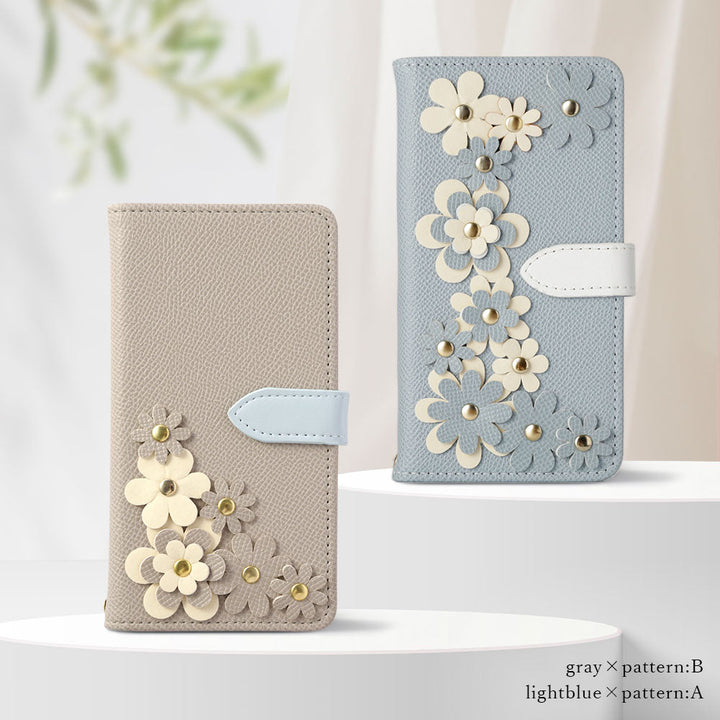 Vegan leather belt bicolor flower motif stand function notebook-style case (with belt) AQUOS series