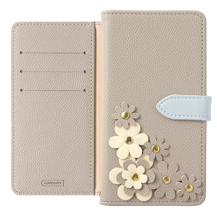 Vegan leather belt bicolor flower motif stand function notebook-style case (with belt) AQUOS series