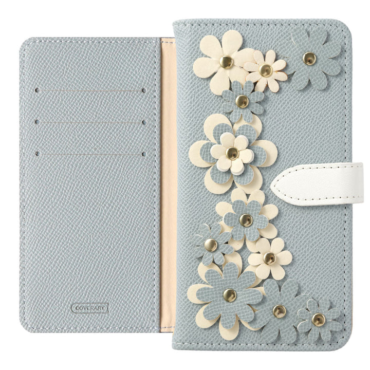 Vegan leather bi-color belt flower motif stand function wallet case (with belt) Galaxy series