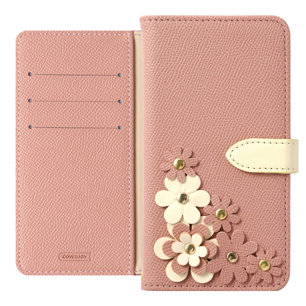 Vegan leather belt bicolor flower motif stand function notebook-style case (with belt) AQUOS series