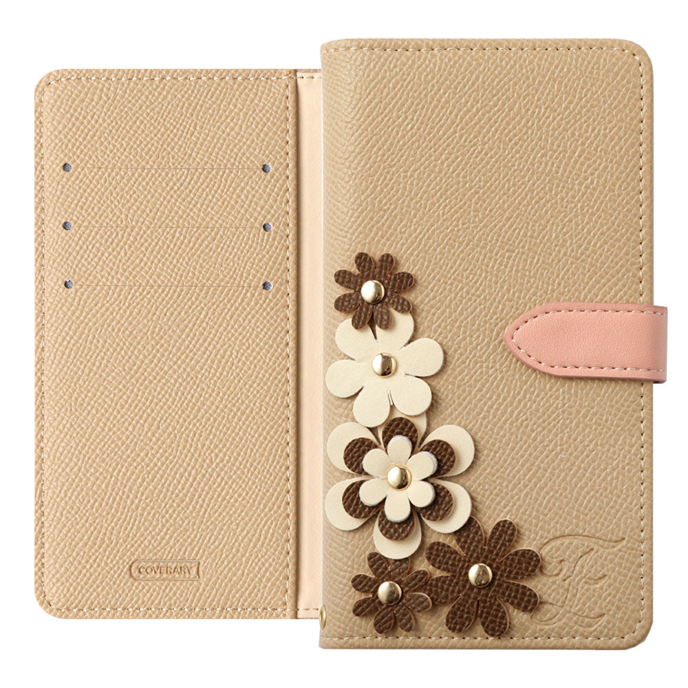 Vegan leather belt bicolor stand function initial flower motif notebook-type case (with belt) AQUOS series