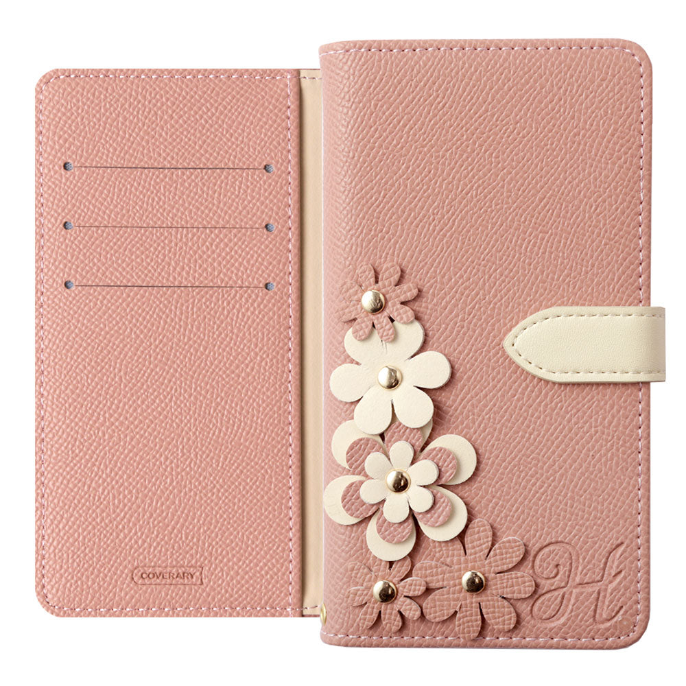 Vegan leather belt bicolor stand function initial flower motif notebook-type case (with belt) AQUOS series