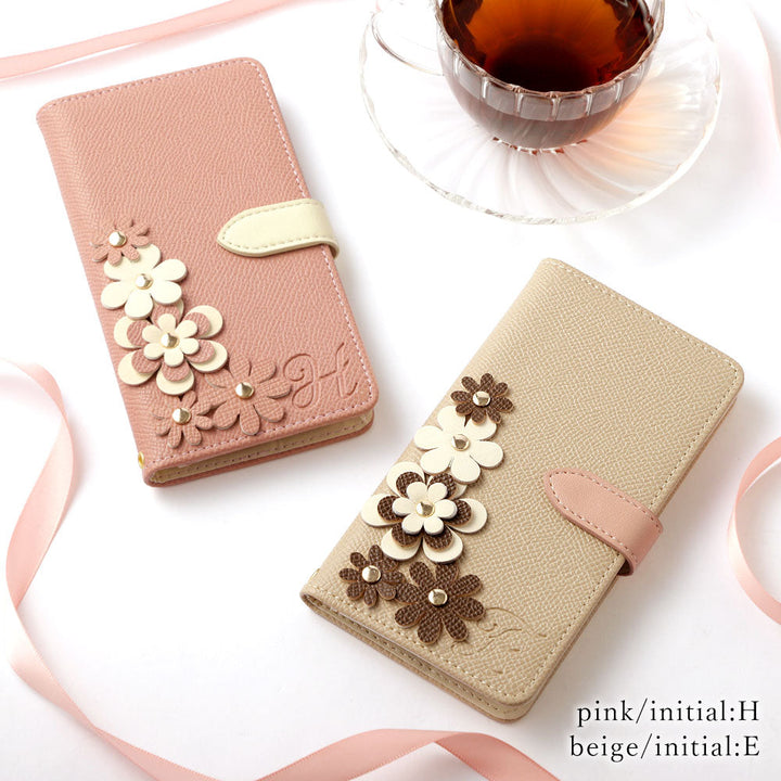 Vegan leather belt bicolor stand function initial flower motif notebook-style case (with belt) Google Pixel series