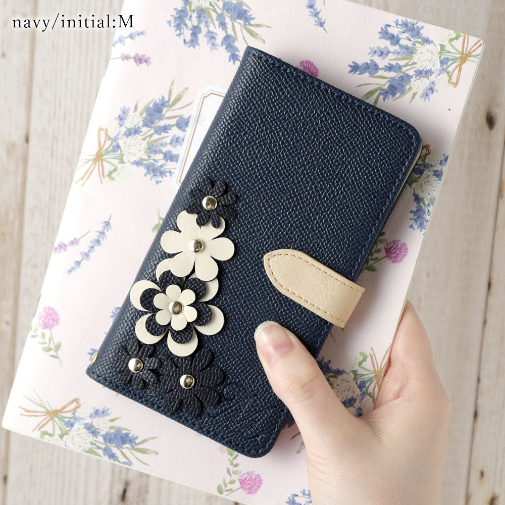 Vegan leather belt bicolor stand function initial flower motif notebook-type case (with belt) AQUOS series