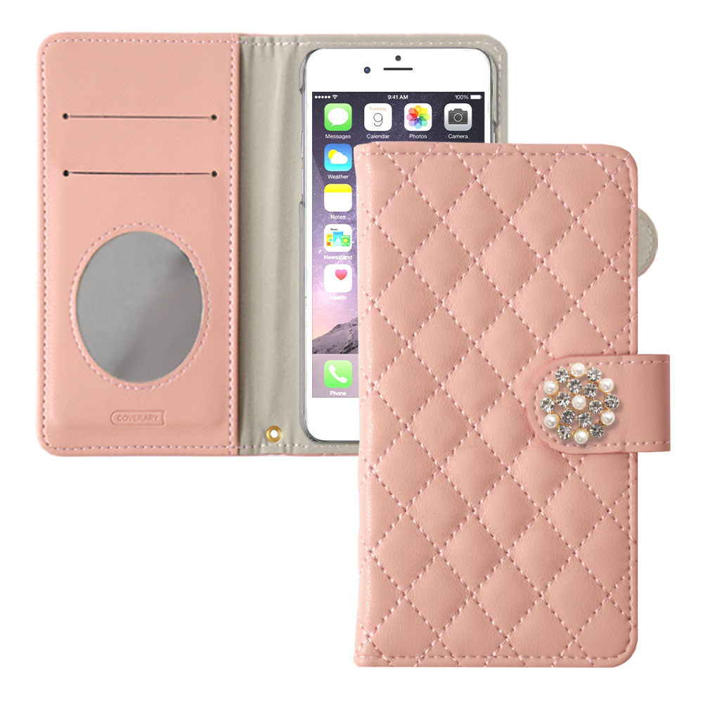 キルティング ミラー付き クリスタルパールデコ 手帳型ケース（ベルトあり）iPhoneシリーズ