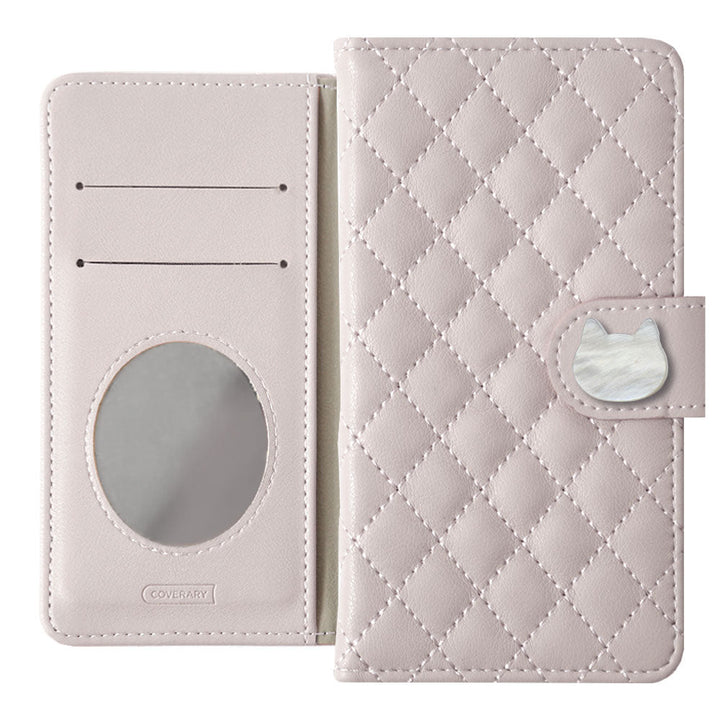 Étui portefeuille matelassé avec miroir et décoration chat (avec ceinture) pour la série Xperia