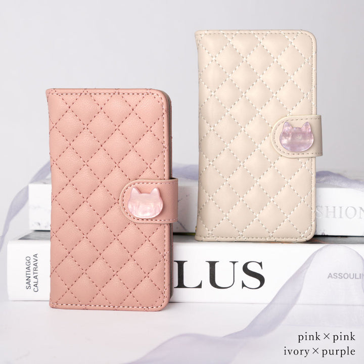 Quilted Cat Deco Wallet Case with Mirror (with Belt) for AQUOS Series