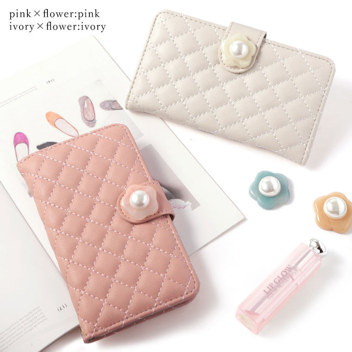 Quilted Flower Pearl Decor Wallet Case with Mirror (with Belt) for iPhone Series