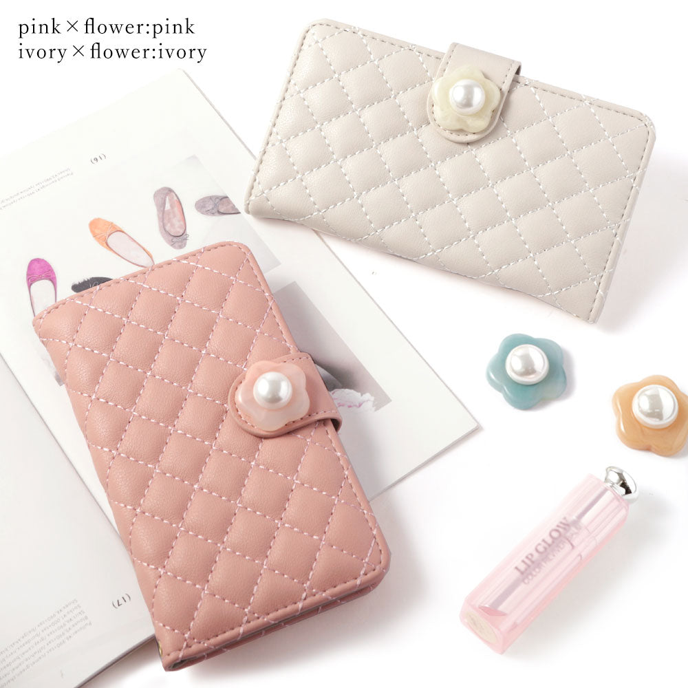 Quilted Flower Pearl Decor Wallet Case with Mirror (with Belt) for AQUOS Series