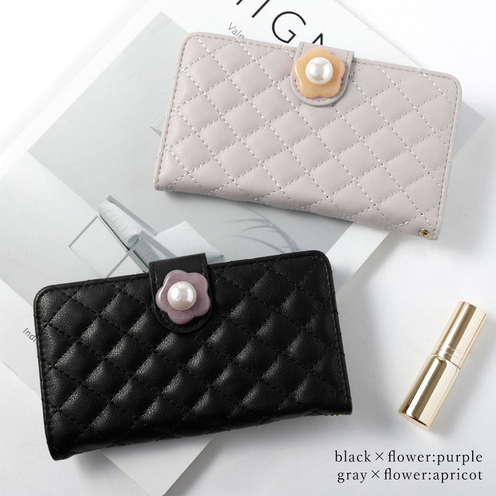 Quilted Flower Pearl Decor Wallet Case with Mirror (with Belt) for AQUOS Series