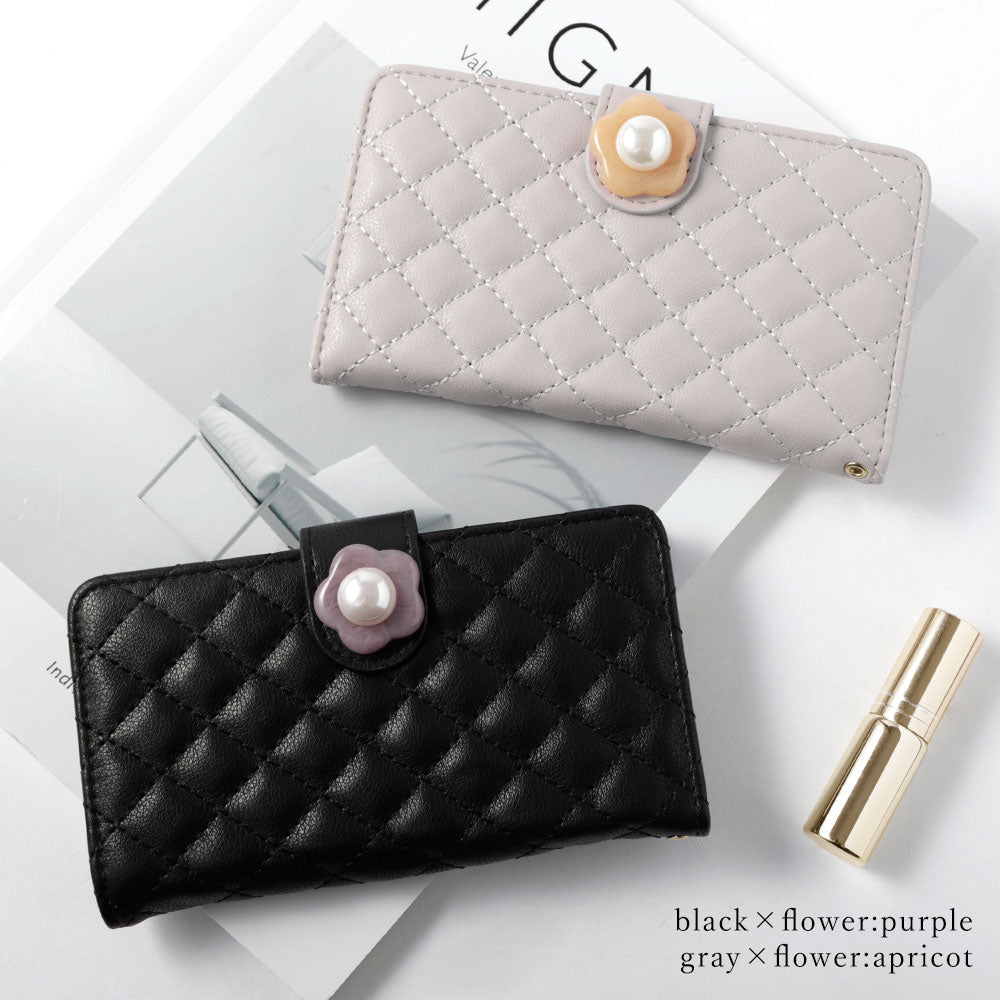 Quilted Flower Pearl Decor Wallet Case with Mirror (with Belt) for iPhone Series