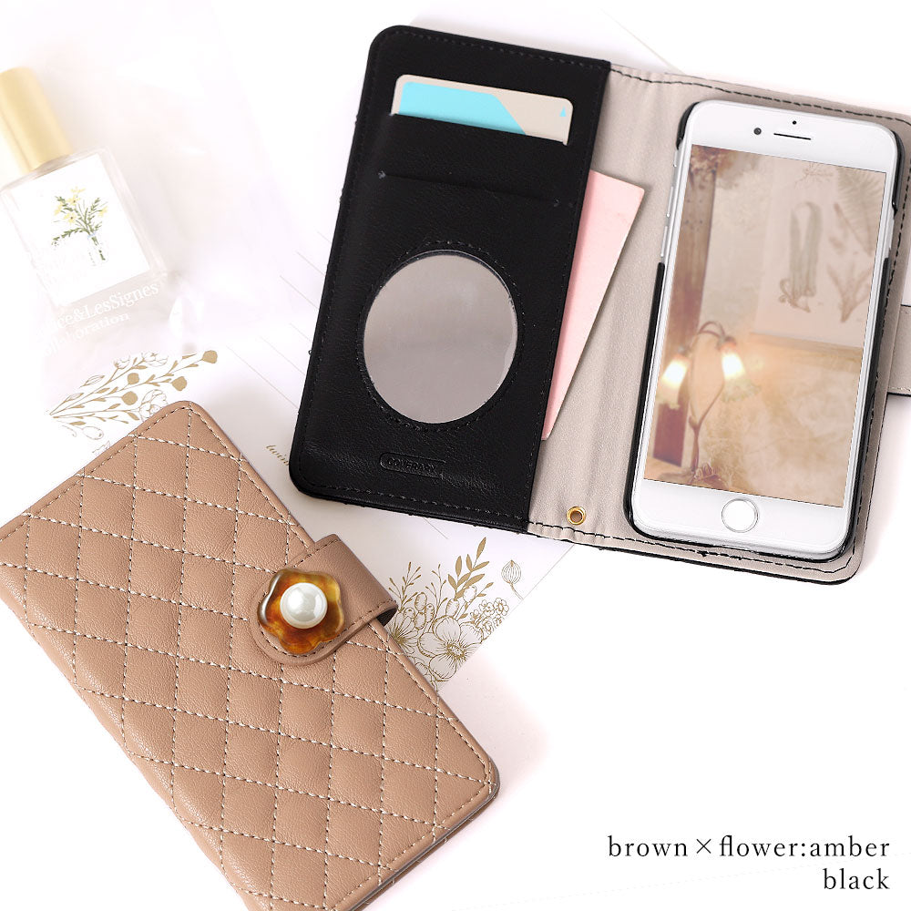 Étui portefeuille matelassé avec miroir et décoration perle fleurie (avec ceinture) pour la série Google Pixel