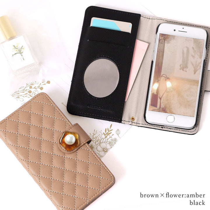 Quilted Flower Pearl Decor Wallet Case with Mirror (with Belt) for AQUOS Series