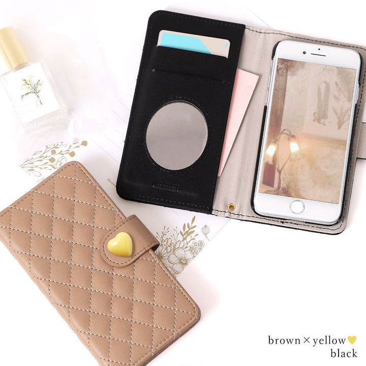 Étui portefeuille avec miroir et décoration cœur matelassé (avec ceinture) pour la série iPhone