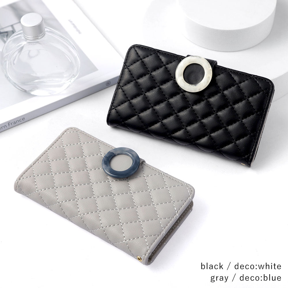 Quilted Marble Ring Wallet Case with Mirror (with Belt) for iPhone Series