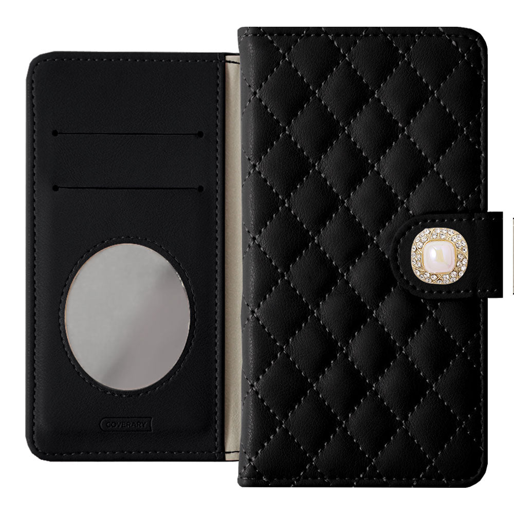 Étui portefeuille avec quilting, miroir, décoration perle unique (avec ceinture) pour la série Xperia