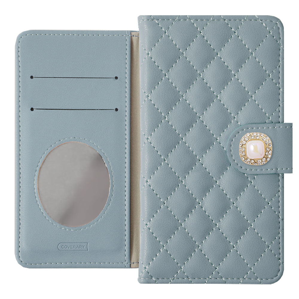 Étui portefeuille avec quilting, miroir, décoration perle unique (avec ceinture) pour la série Xperia