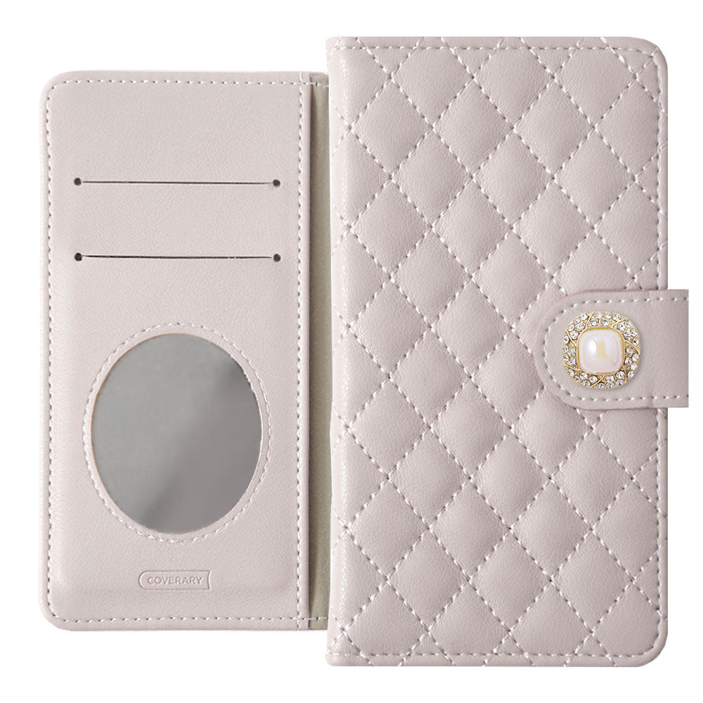 Étui portefeuille avec quilting, miroir, décoration perle unique (avec ceinture) pour la série Xperia