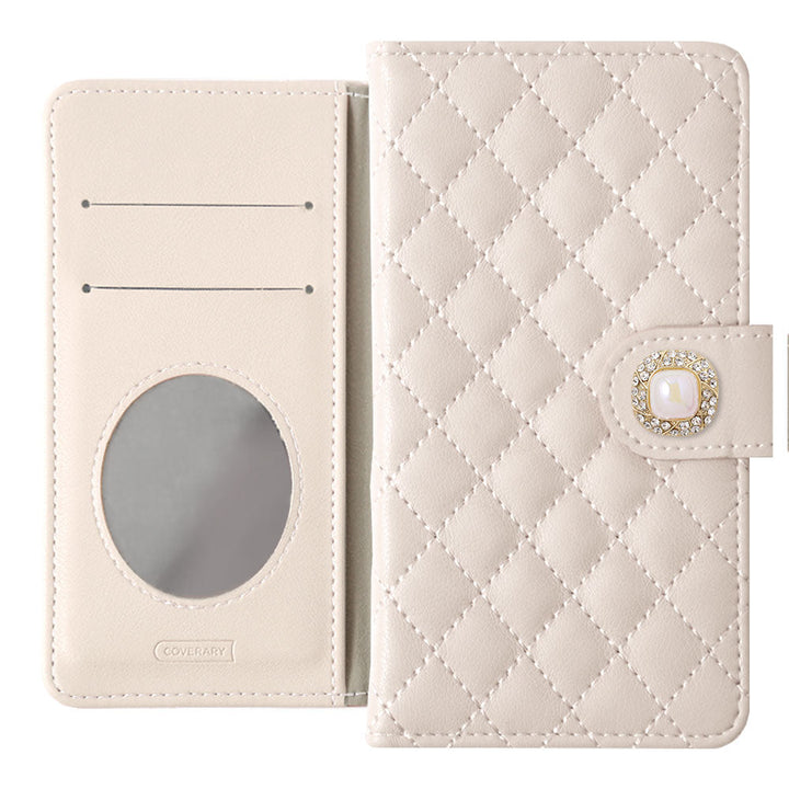 Étui portefeuille avec quilting, miroir, décoration perle unique (avec ceinture) pour la série Xperia