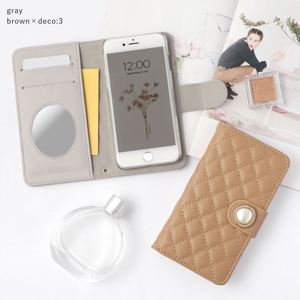 Étui portefeuille avec quilting, miroir, décoration perle unique (avec ceinture) pour la série Xperia