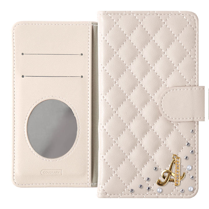 キルティング ミラー付き イニシャルデコ 手帳型ケース（ベルトあり）Xperiaシリーズ