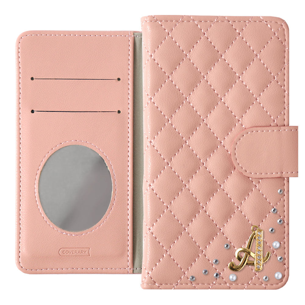 キルティング ミラー付き イニシャルデコ 手帳型ケース（ベルトあり）Xperiaシリーズ
