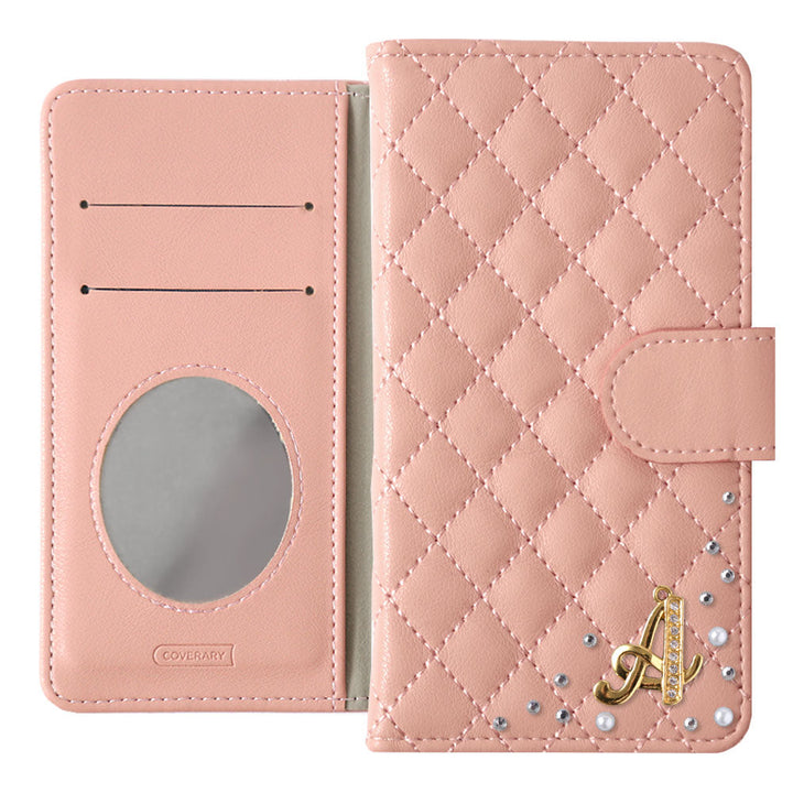 キルティング ミラー付き イニシャルデコ 手帳型ケース（ベルトあり）iPhoneシリーズ