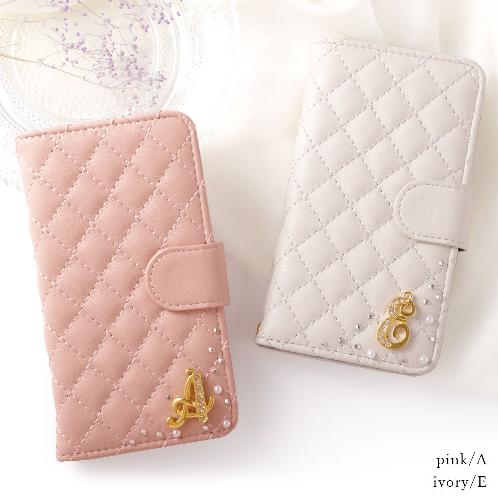 キルティング ミラー付き イニシャルデコ 手帳型ケース（ベルトあり）Google Pixelシリーズ