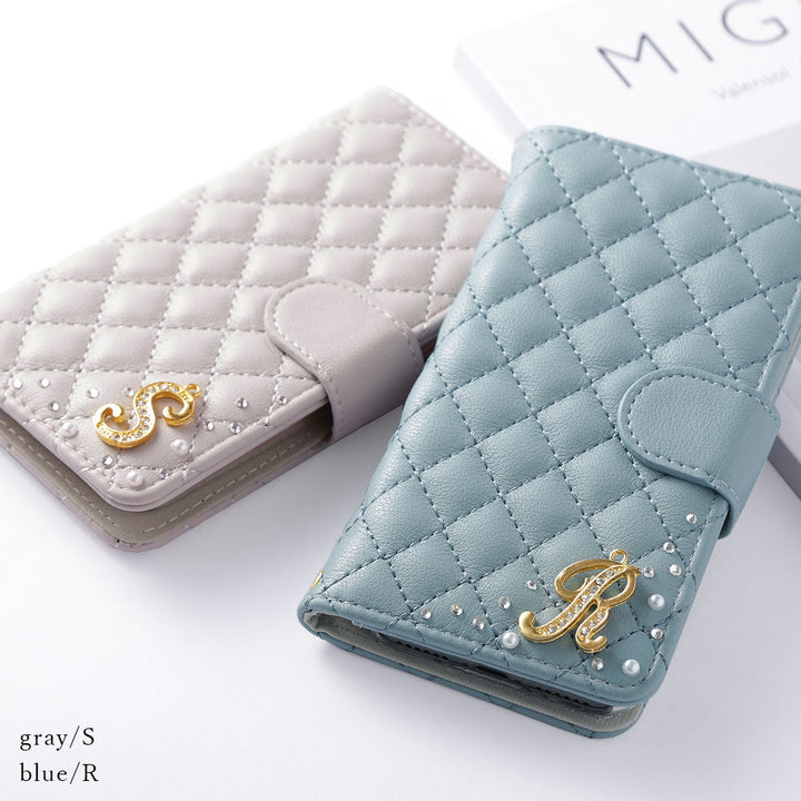 キルティング ミラー付き イニシャルデコ 手帳型ケース（ベルトあり）Galaxyシリーズ