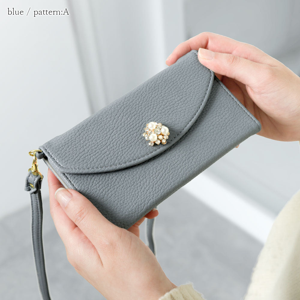 Vegan leather tri-fold smoky color crystal pearl decoration & strap included notebook-style case AQUOS series