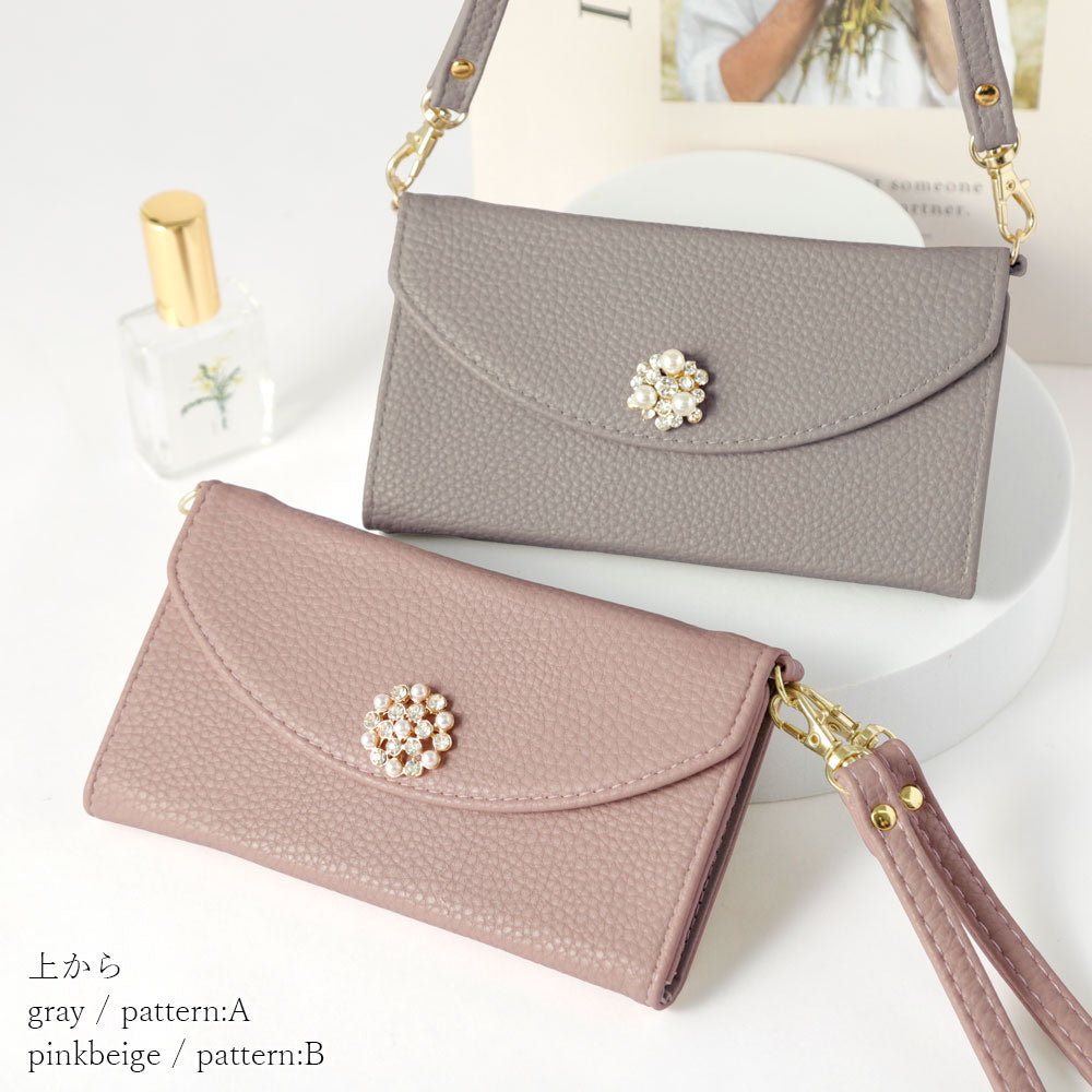 Vegan leather tri-fold smoky color crystal pearl decoration & strap included notebook-style case AQUOS series