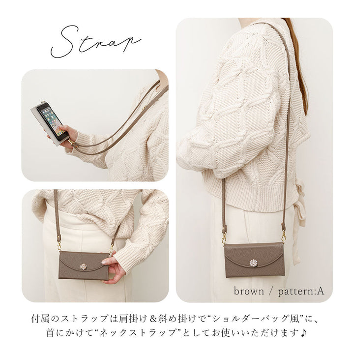 Vegan leather tri-fold smoky color crystal pearl decoration & strap included notebook-style case AQUOS series