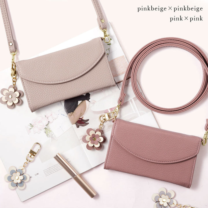 Vegan leather tri-fold smoky color flower charm strap attached notebook-style case for iPhone series