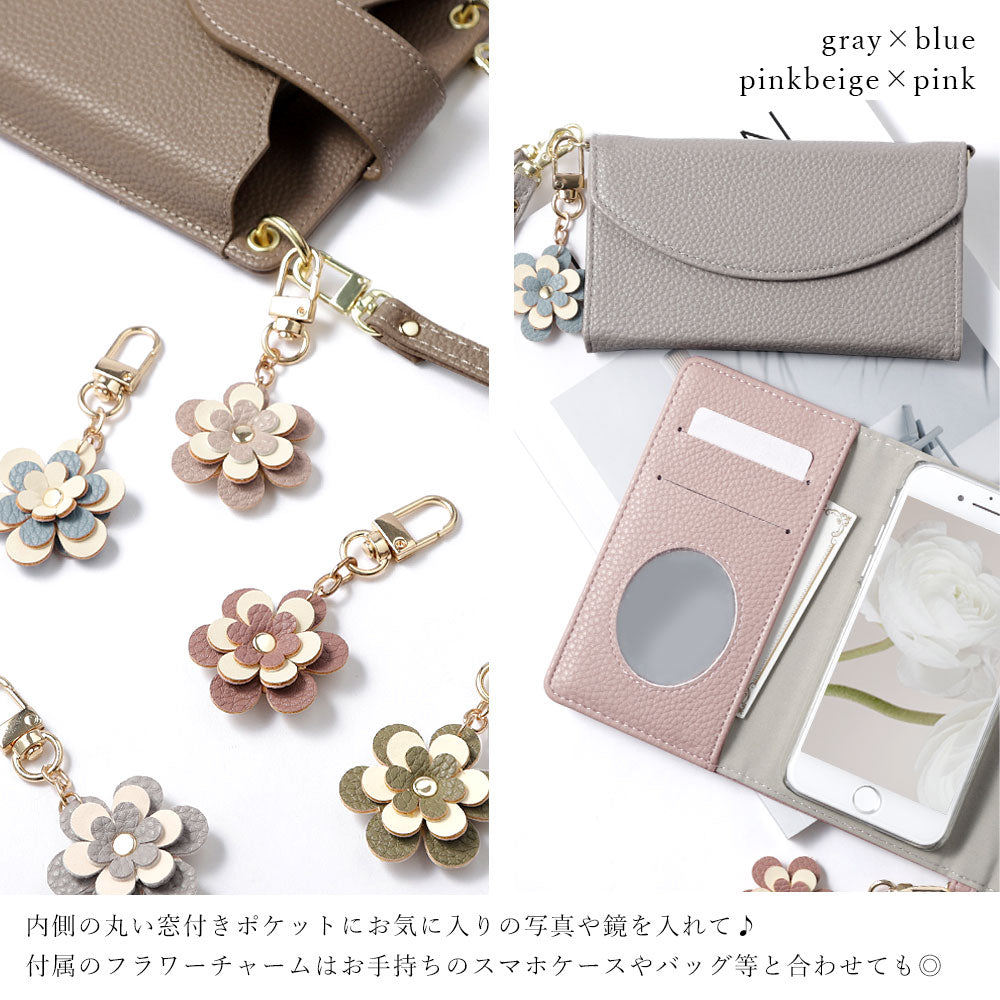 Vegan leather tri-fold smoky color flower charm strap attached notebook-style case for iPhone series