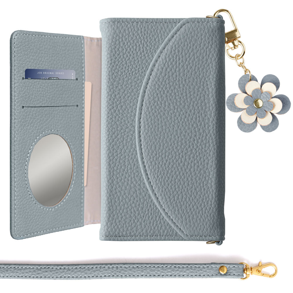 Vegan leather tri-fold smoky color flower charm strap attached notebook-style case for Xperia series