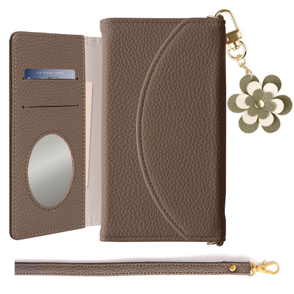 Vegan leather tri-fold smoky color flower charm strap attached notebook-style case for iPhone series