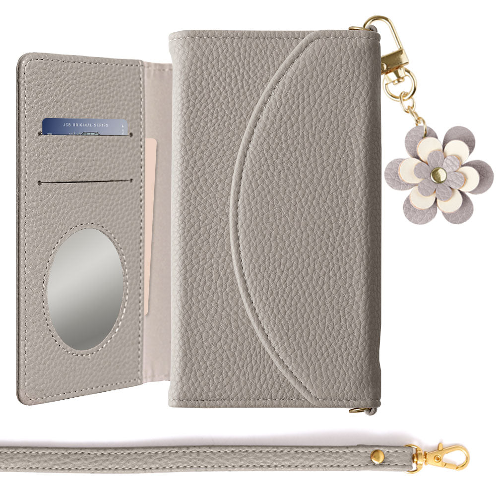Vegan leather tri-fold smoky color flower charm strap attached notebook-style case for Xperia series