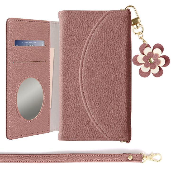 Vegan leather tri-fold smoky color flower charm strap attached notebook-style case for iPhone series