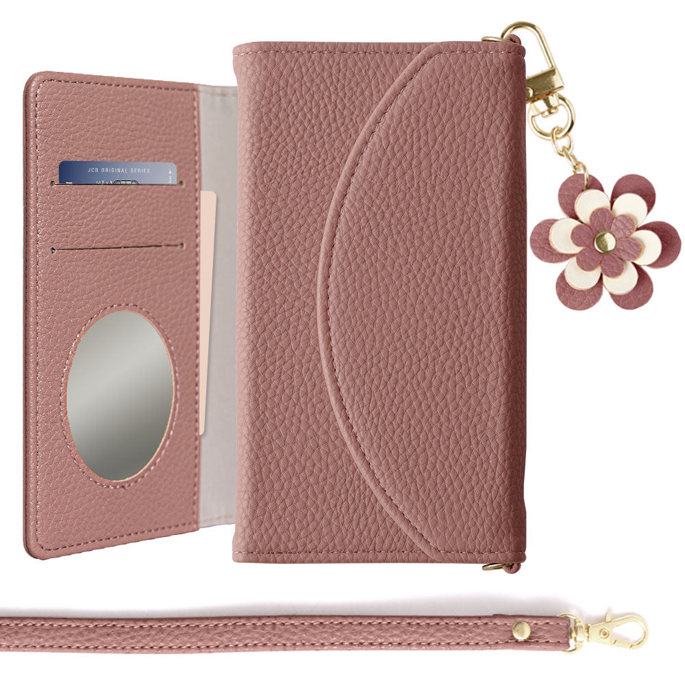 Vegan leather tri-fold smoky color flower charm strap attached notebook-style case for Xperia series