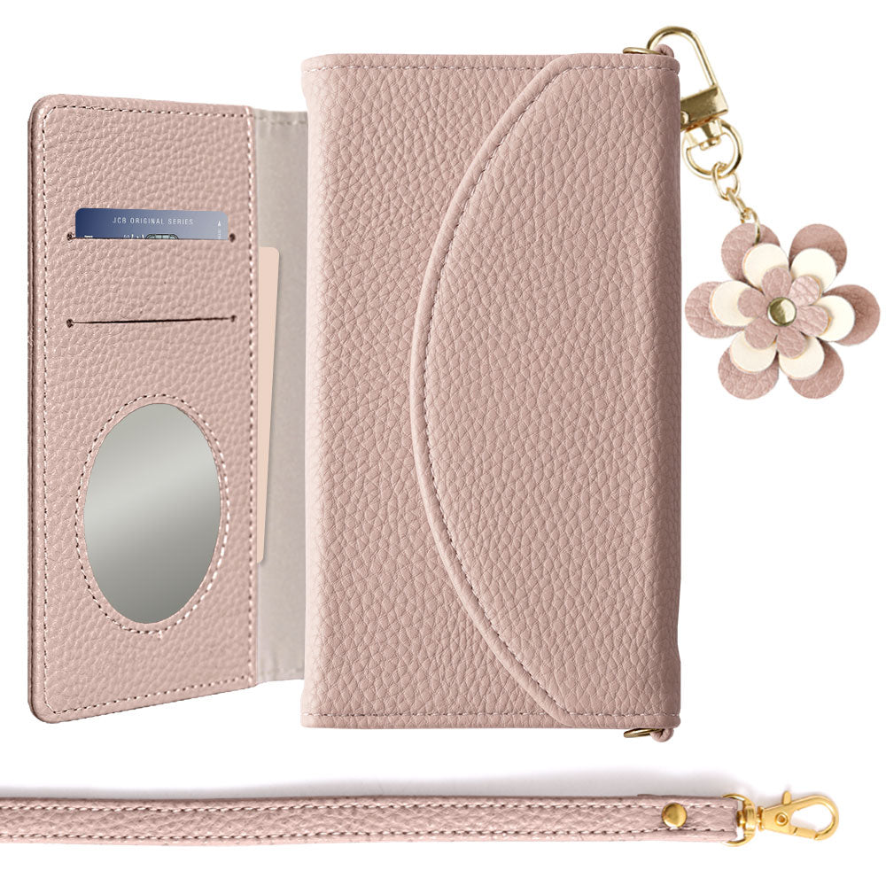 Vegan leather tri-fold smoky color flower charm strap attached notebook-style case for Xperia series